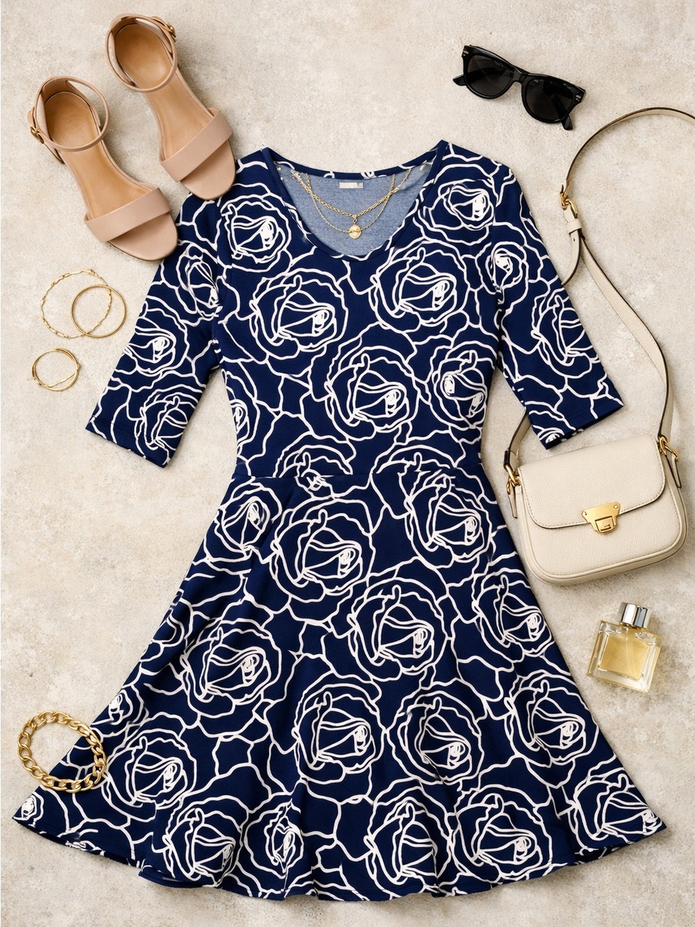 Olivia Matthews Navy Floral Fit & Flare Dress – Size Small